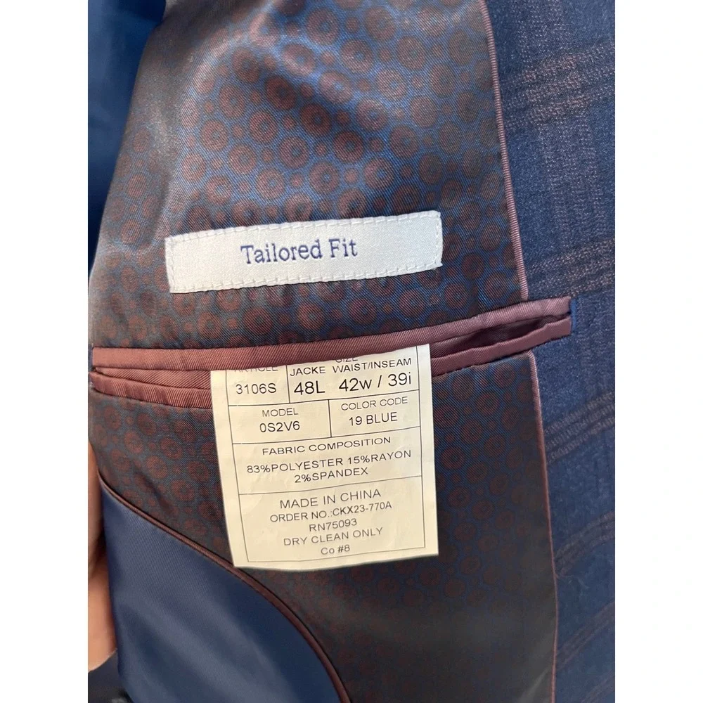 Kilburne Finch Mens Blue Plaid Tailored Fit 2 Piece Suit 48L 42W 39L Unaltered
